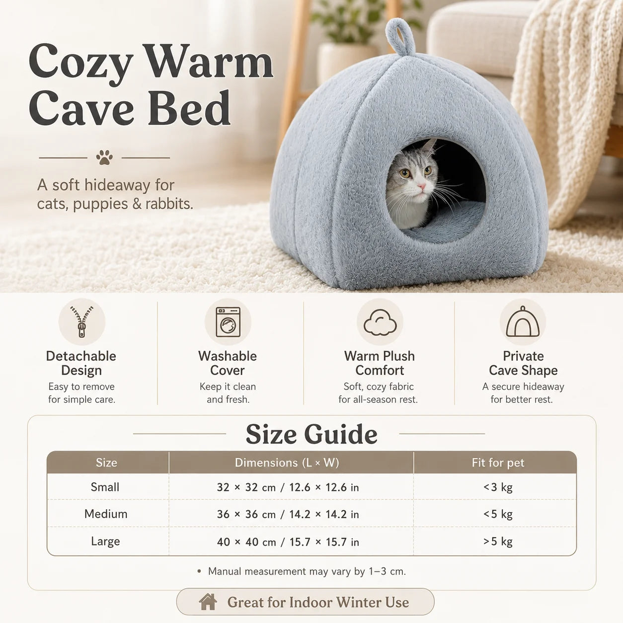 1pc Detachable Washable Cat Bed House, Warm Pet Cave Nest for Indoor Cats, Puppies and Rabbits, Winter Use