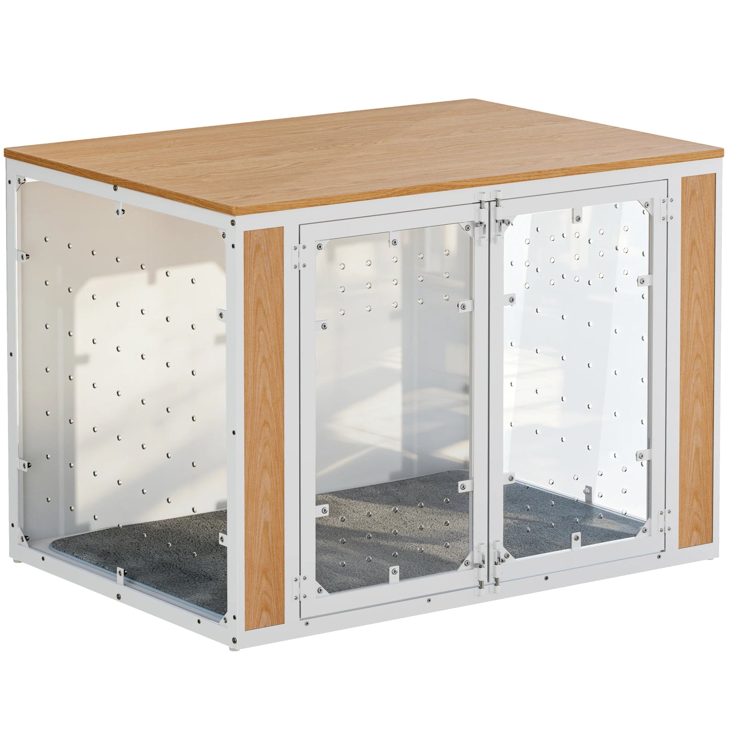 Modern Acrylic Dog Crate Furniture with Wood Top,Indoor Dog Crate Furniture Style End Table,Chew-Proof Breathable Pet Kennel with Double Doors,Stylish Indoor Dog House End Table for Medium to Large Dogs, (Suitable for 20-90lb