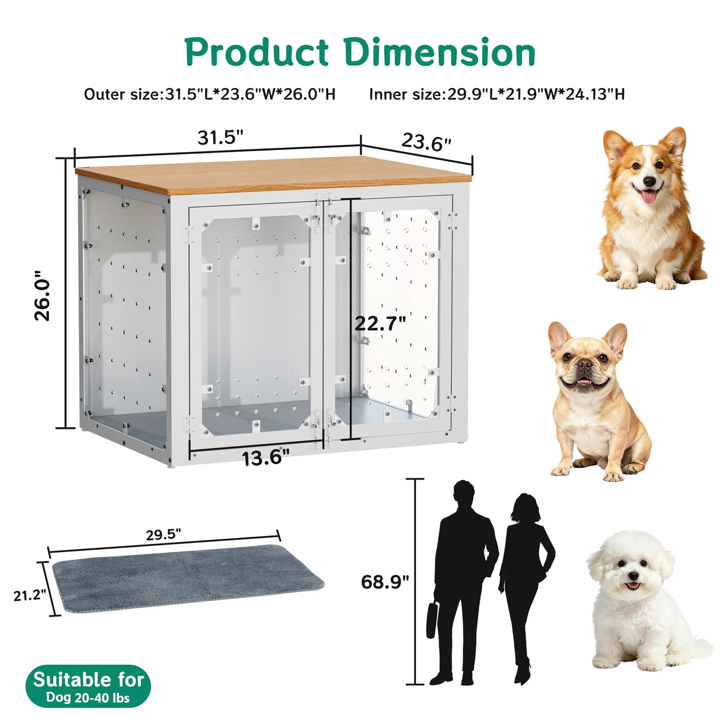 Modern Acrylic Dog Crate Furniture with Wood Top,Indoor Dog Crate Furniture Style End Table,Chew-Proof Breathable Pet Kennel with Double Doors,Stylish Indoor Dog House End Table for Medium to Large Dogs, (Suitable for 20-90lb