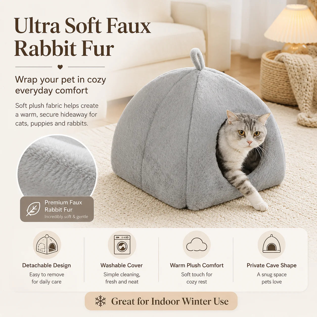 1pc Detachable Washable Cat Bed House, Warm Pet Cave Nest for Indoor Cats, Puppies and Rabbits, Winter Use