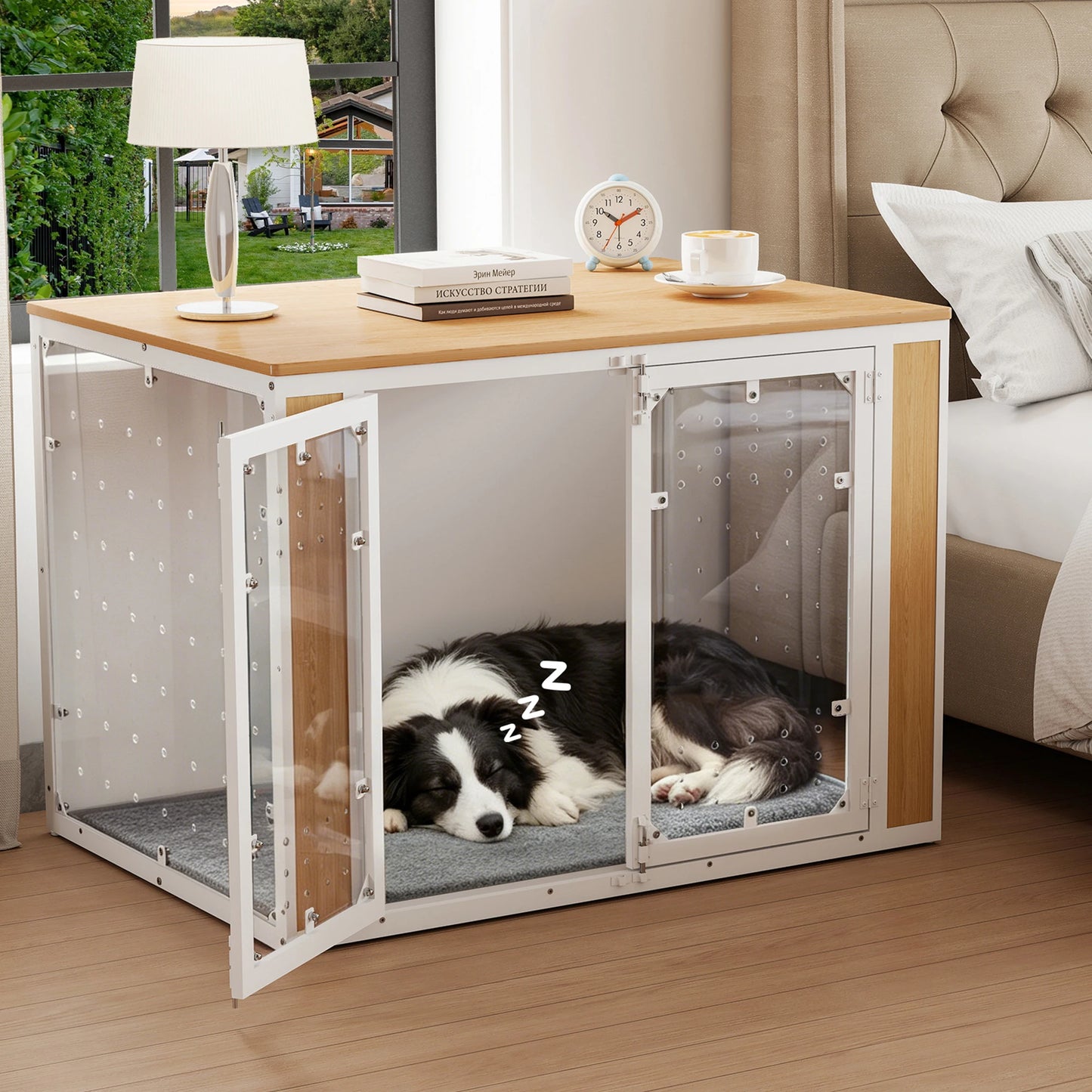 Modern Acrylic Dog Crate Furniture with Wood Top,Indoor Dog Crate Furniture Style End Table,Chew-Proof Breathable Pet Kennel with Double Doors,Stylish Indoor Dog House End Table for Medium to Large Dogs, (Suitable for 20-90lb