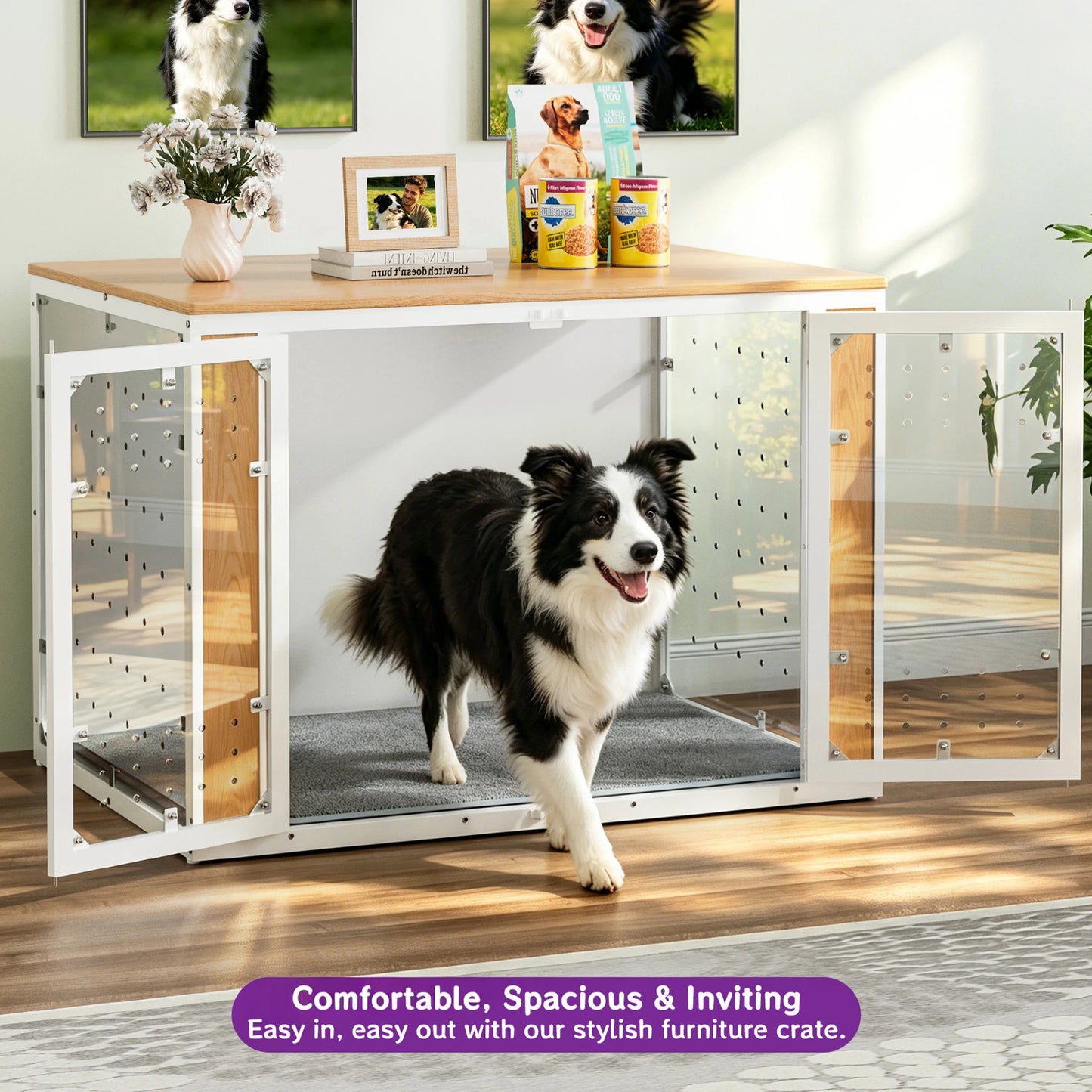 Modern Acrylic Dog Crate Furniture with Wood Top,Indoor Dog Crate Furniture Style End Table,Chew-Proof Breathable Pet Kennel with Double Doors,Stylish Indoor Dog House End Table for Medium to Large Dogs, (Suitable for 20-90lb