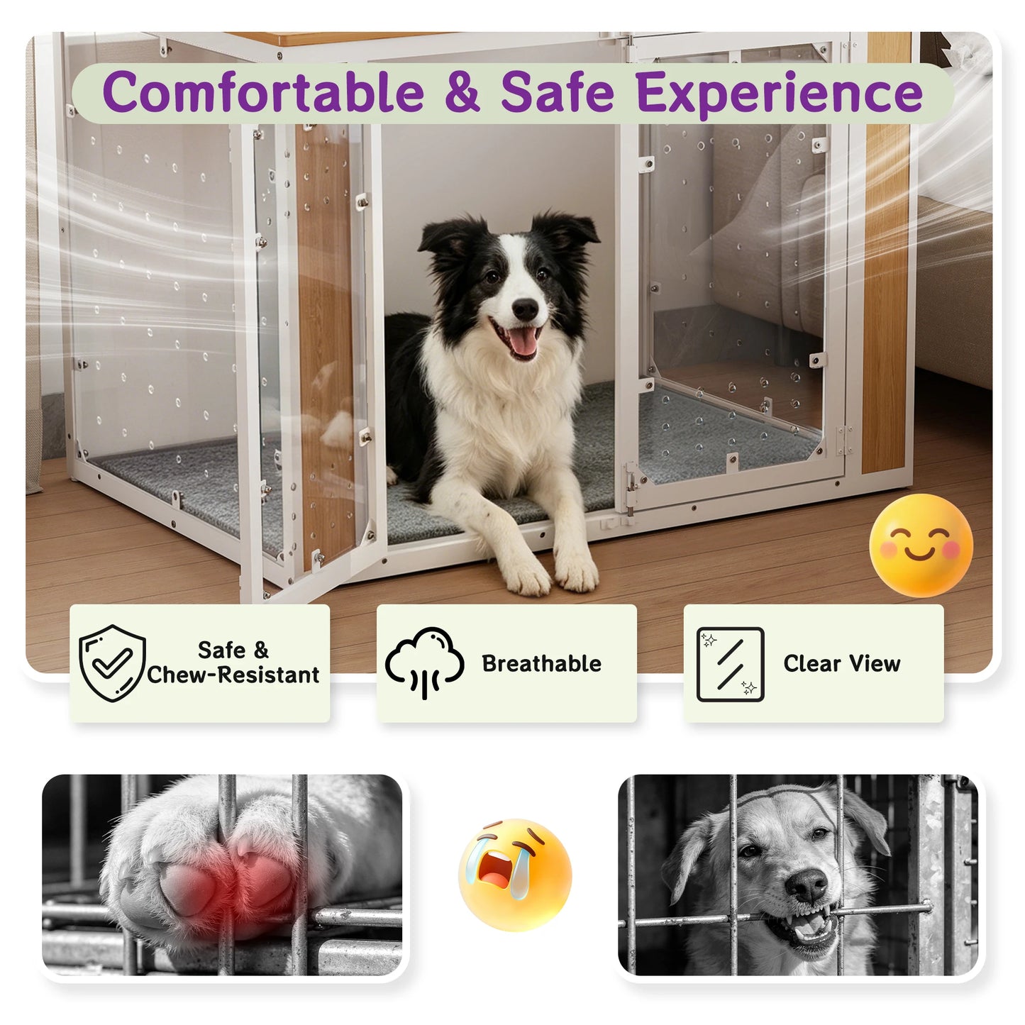 Modern Acrylic Dog Crate Furniture with Wood Top,Indoor Dog Crate Furniture Style End Table,Chew-Proof Breathable Pet Kennel with Double Doors,Stylish Indoor Dog House End Table for Medium to Large Dogs, (Suitable for 20-90lb
